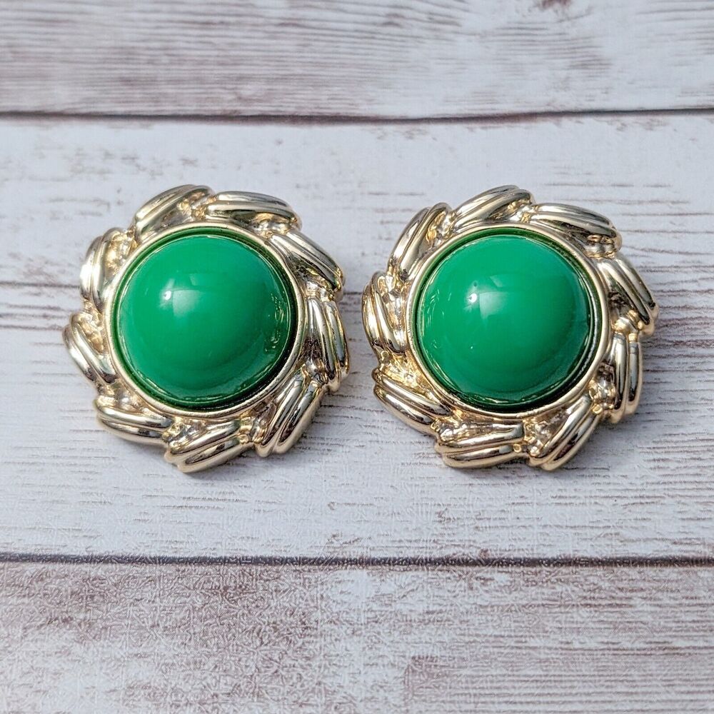 Vintage Clip On Earrings Domed Green Center Statement Halo Large